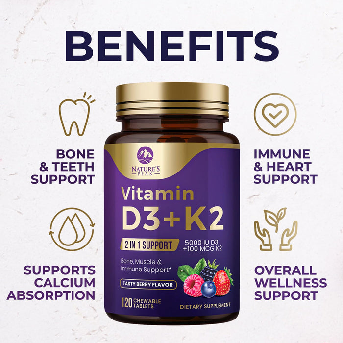 Vitamin D3 K2 - 5000 iu Vitamin D3 & 100 mcg Vitamin K2 (MK-7) Complex for Immune Support - Bone, Teeth & Muscle Health Support - Berry Chewable, Gluten Free, Non-GMO, Made in USA - 120 Tablets