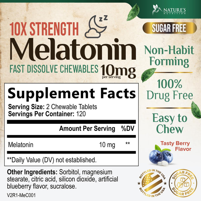Melatonin 10 mg Fast Dissolve, Melatonin Supplements for Restful Sleep, Natural Sleep Support Supplement for Adults, Extra Strength Strawberry-Flavored Tablets, Sugar Free, 240 Tablets, 120 Day Supply