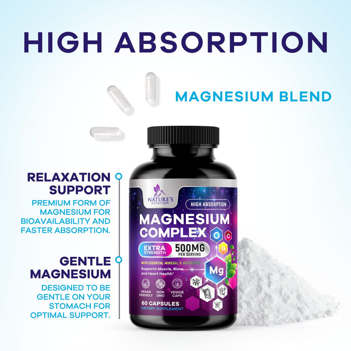 Magnesium Complex Supplement 500 mg - 5 in 1 High Absorption Chelated Magnesium Glycinate, Malate, Citrate, Oxide, Aquamin - Non-GMO Magnesio Capsules, Bone Muscle & Heart Health Support, 60 Capsules