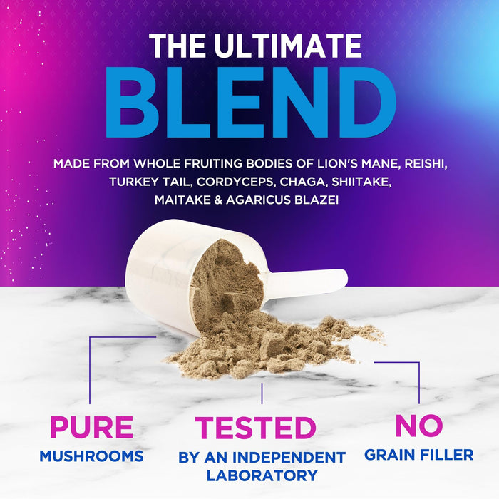 Brain Mushroom Powder - Mushroom Extract Powder, 11 in 1 Complex Mushroom Supplement with Organic Lions Mane, Reishi, Cordyceps, Chaga, Turkey Tail, Maitake for Energy & Immune Support - 60 Servings