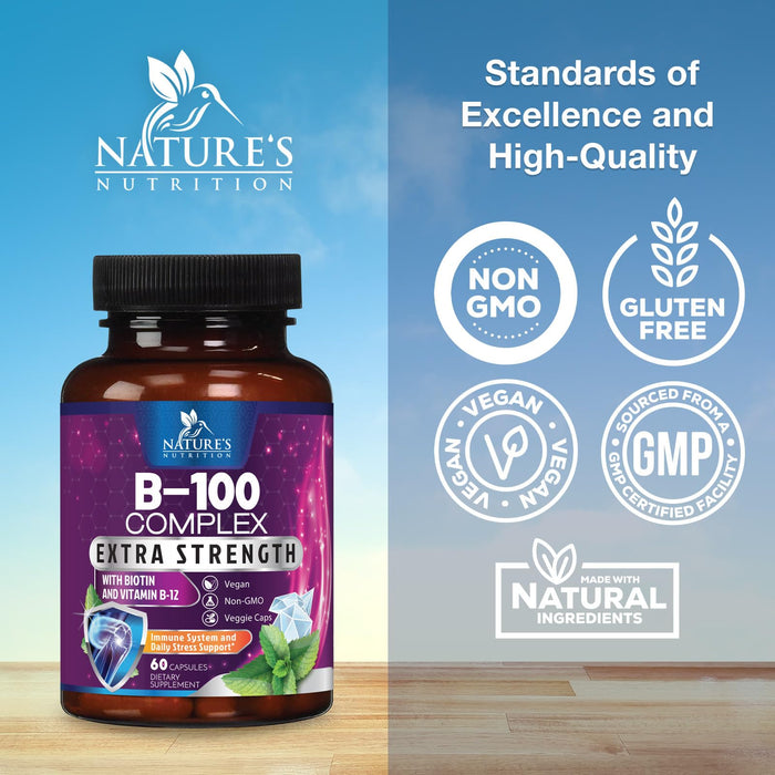 B Complex Vitamins Capsules with Vitamin B6 B12 B100 C Biotin Folate & Folic Acid - Supplement for Heart, Brain, & Nerve Support - Super Complete B-Complex for Immune & Energy Support - 60 Capsules