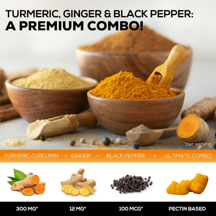 Turmeric and Ginger Gummies - Vegan Turmeric Curcumin Gummies with Black Pepper Extract for High Absorption, Nature's Curcumin Gummy for Joint Support Supplement, Non-GMO, Gluten Free - 60 Count