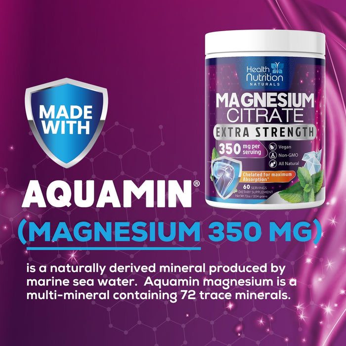 Magnesium Powder Supplement - Magnesium Citrate Powder Drink Mix Unflavored - Mag Citrate & Aquamin Supplements for Bone, Heart & Muscle Support, Sugar Free, Gluten Free, Vegan - 60 Servings