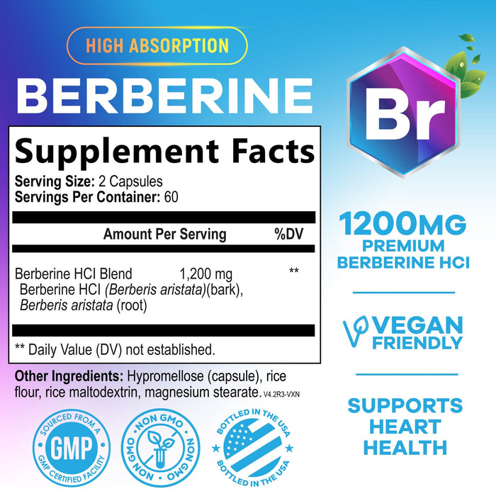 Berberine HCL 1200mg Supplement - Berberine HCI Capsules High Absorption Supplement for Heart Health & Immune Support, High Strength, Gluten-Free, Vegan, Non-GMO Pills - 120 Veggie Capsules