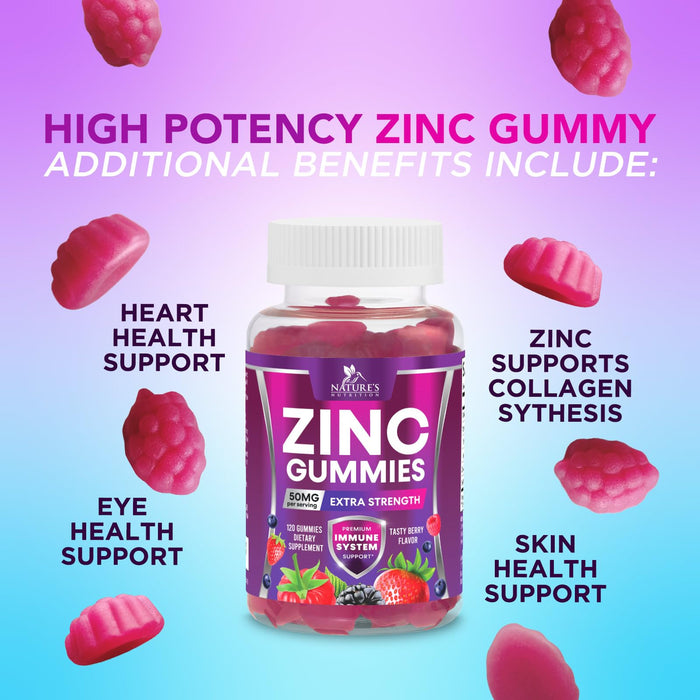 Zinc Gummies 50mg - Bone Skin & Immune Support Health Gummy & Premium Antioxidant Chewable for Adults - High Absorption Vegan, Gluten Free Zinc Supplements Vitamin - Tasty Berry Flavor - 120 Gummies
