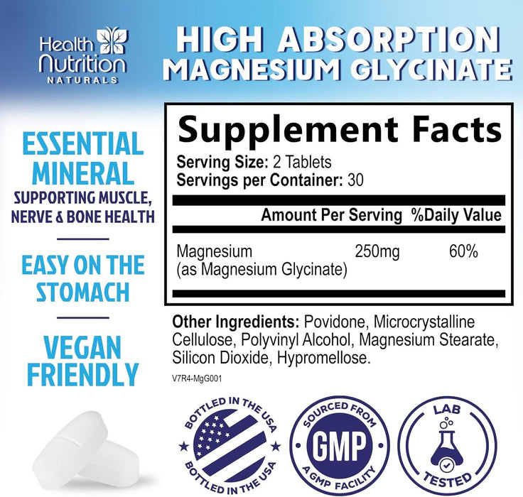 Magnesium Glycinate 250mg - 100% Chelated Magnesium for Max Absorption - Sleep Support, Muscle, Nerves, Bone & Heart Health Support, Best Mag Supplement, Vegan Non-GMO, 3rd Party Tested - 60 Tablets