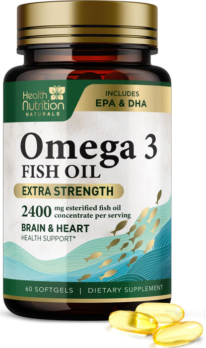 Omega 3 Fish Oil Triple Strength 1200 mg, Omega-3 Supplements, Natural Brain Heart Health & Immune Support - Fatty Acids with EPA & DHA - Wild Caught Purified Fish Oil Supplement - 60 Softgels