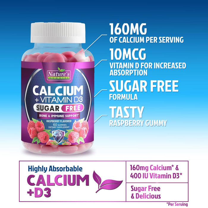 Sugar Free Chewable Calcium Gummy Vitamins - Plus 400 IU Vitamin D3 for Bone, Teeth, & Immune Health Support - Calcium Supplements for Women & Men Daily, Non-GMO, Berry Flavored - 60 Gummies