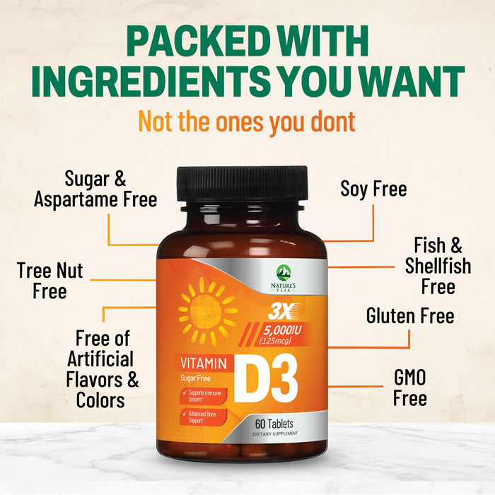 Vitamin D3 5000iu (125 mcg) Immune Health Support - High Potency Vitamin D Dietary Supplement for Bone, Teeth, Muscle - Nature's VIT D, Vegan, Gluten Free, Raspberry Flavor - 60 Chewable Tablets