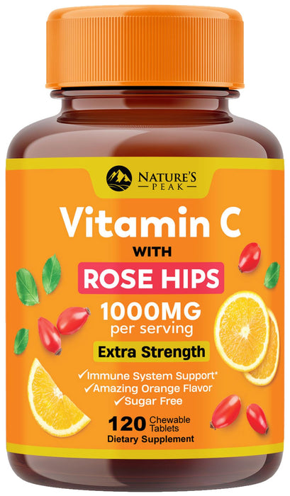 Vitamin C 1000mg Chewable Supplement - Extra Strength Immune Support Vitamin C Dietary Supplement with Rose HIPS, Nature's VitaminC Antioxidant Support, Natural, Vegan, Orange Flavor - 120 Tablets
