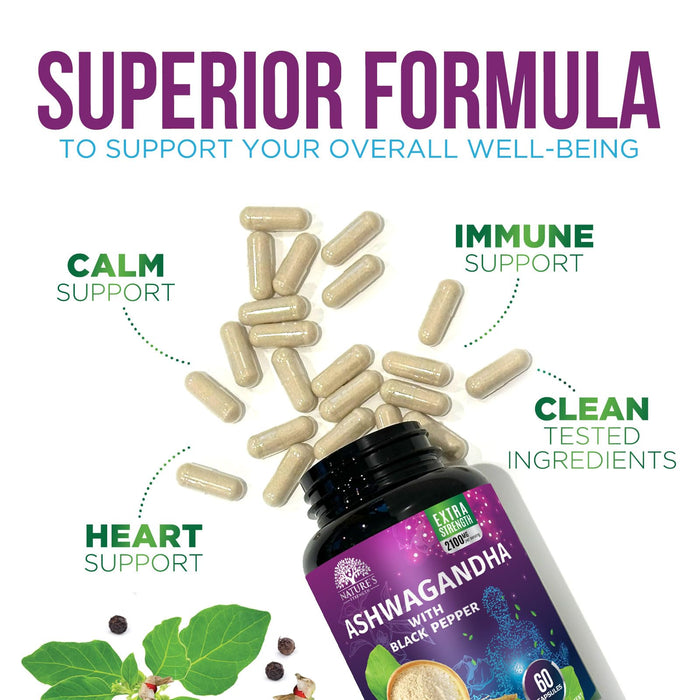 Ashwagandha 2100mg - Extra Strength with Black Pepper for Max Absorption, Ashwagandha Powder and Root Supplements for Women & Men, Antioxidant Support, Vegan, Non-GMO & Gluten Free - 120 Capsules