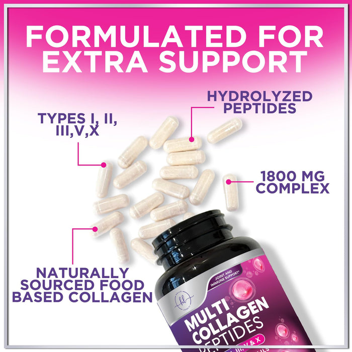 Multi Collagen Peptides Supplement - Hydrolyzed Types I, II, III, V & X Multi Collagen Pills, Hydrolyzed Collagen Peptides Supplements, Hair, Skin, Nail, and Joint Support Supplement, 60 Capsules