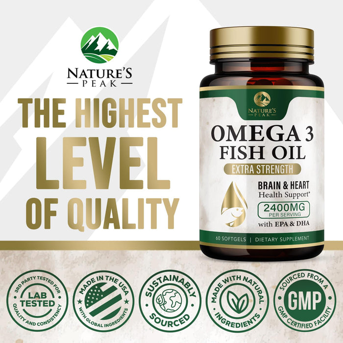 Omega 3 Fish Oil Pills 2400mg - Triple Strength Omega 3 Fish Oil Supplements - Best EPA & DHA Fatty Acids for Brain & Heart Health Support, Nature's Omega3 Supplement, 30 Day Supply - 60 Softgels