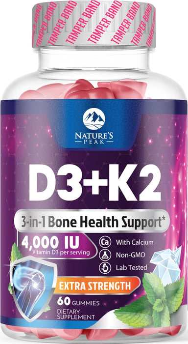 D3 K2 Gummies - 3X Strength Vitamin D3K2 Vitamins For Bone & Immune Support with Calcium - 2-in-1 Vitamins D & Vitamin K2 Mk-7 Supplement Complex, Easy to Swallow, Gluten Free, Non-Gmo - 60 Gummies