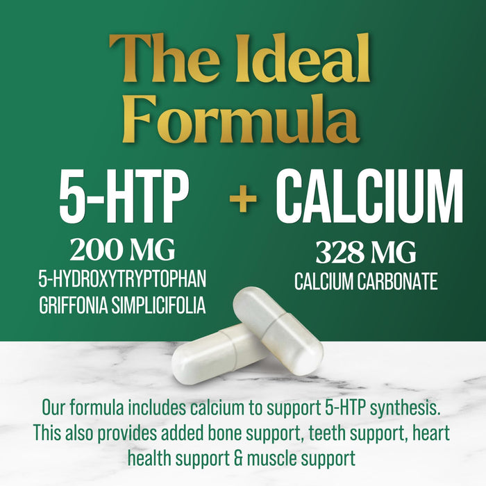 5 HTP 200mg Capsules Vegetarian Supplement - 5HTP Plus Calcium for Brain Support - Extra Strength Griffonia Simplicifolia 5-HTP Formula - 5 Hydroxytryptophan - Gluten Free & Non-GMO - 120 Capsules