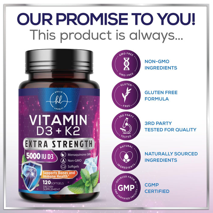 Vitamin D3 K2 - Vitamin D3 (5000 iu) & 100 mcg Vitamin K2 (MK-7) Complex for Immune Support & Bone, Teeth & Muscle Health - Easy to Swallow, Gluten Free, Non-GMO, Bottled in USA - 120 Softgels