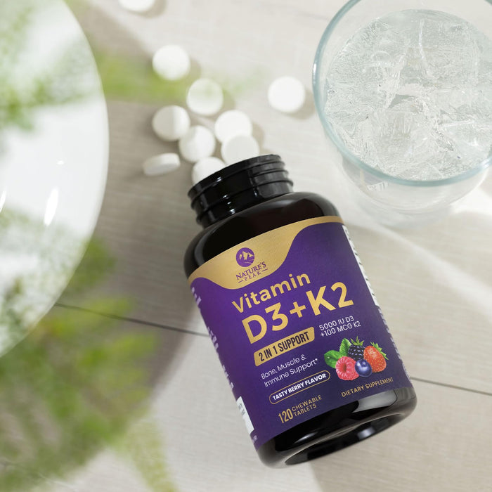 Vitamin D3 K2 - 5000 iu Vitamin D3 & 100 mcg Vitamin K2 (MK-7) Complex for Immune Support - Bone, Teeth & Muscle Health Support - Berry Chewable, Gluten Free, Non-GMO, Made in USA - 120 Tablets