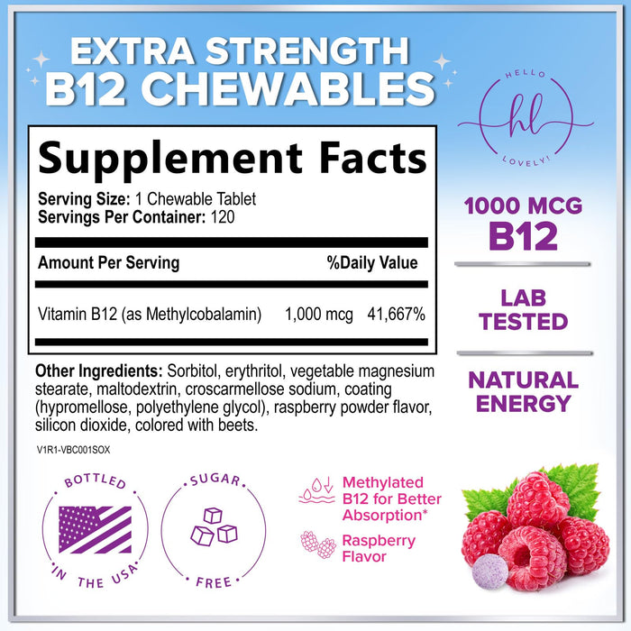 B 12 Vitamin Chewables 1000 mcg - B12 Complex with Heart & Nerve Energy Health Support - Vitamin B-12 Complex for Adults with Immune Health Support - Gluten & Sugar Free - 120 Chewables