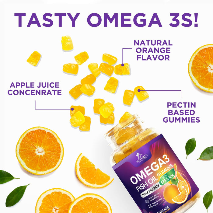 Omega-3 Gummies, Fish Oil Gummies for Adults & Kids, Omega-3 Gummy Vitamins, EPA & DHA Fish Oil Fatty Acids Gummy Supplement, Nature's Supplements for Joint, Heart Health, & Brain Support - 60 Count