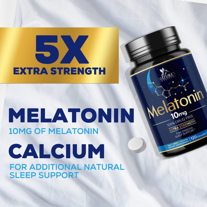 Melatonin 10 mg Fast Dissolve, Melatonin Supplements for Restful Sleep, Natural Sleep Support Supplement for Adults, Extra Strength Strawberry-Flavored Tablets, Sugar Free, 120 Tablets, 120 Day Supply