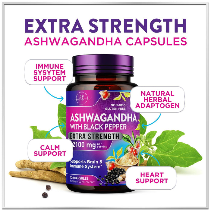Ashwagandha 2,100 mg - Ashwagandha Supplements for Women in Veggie Capsules with Powder & Root Extract, Black Pepper for High Absorption, Plant Based, Non-GMO, Bottled in the USA - 120 Veggie Capsules