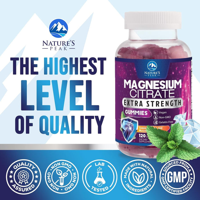 Magnesium Citrate Supplement Gummies - High Absorption Magnesium Gummy for Adults & Kids, Magnesio Citrate Supplements for Bone, Muscle Health, Heart Support, Vegan, Gluten Free, Non-GMO - 120 Gummies