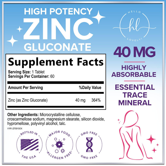Zinc Supplements for Women and Men - 40mg Supplement for Immune Support, Skin Health Support, & Antioxidant Supplement for Adults, High Potency Zinc Gluconate 40 mg, Non-GMO - 60 Tablets