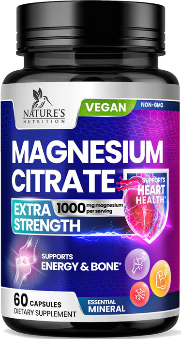 Magnesium Citrate Supplement 1000 mg for Best Absorption, Supports Bone, Heart Health, Nerves, Muscles, Metabolism & Calm, Nature's Pure Magnesio Vitamin Pills, Bottled in USA - 60 Capsules