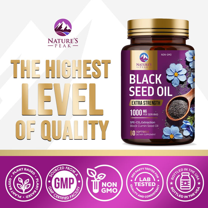 Black Seed Oil 1000mg - Premium Extra Strength Nigella Sativa Blackseed Oil - Black Seed Oil Skin, Digestive Health & Immune Support - Non-GMO Antioxidant, Gluten Free Supplement - 60 Softgels