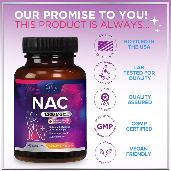 NAC Supplement – N-Acetyl L-Cysteine 1200mg – Supports Liver, Lung & Immune Health - Antioxidants for Respiratory Support & Fight Free Radicals – High Absorption, Non-GMO, Gluten-Free – 60 Capsules
