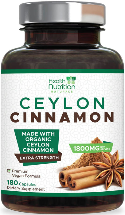 Ceylon Cinnamon Capsules 1800mg - Certified Organic Ceylon Cinnamon Powder Supplement, Bottled in USA, Extra Strength Energy & Heart Support Pills, Non-GMO & Gluten Free, Sugar Free - 180 Capsules