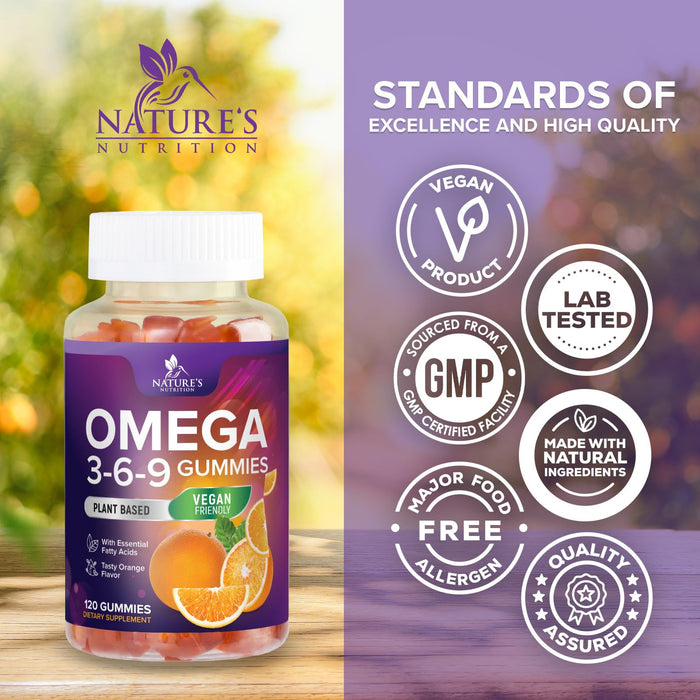 Omega 3 6 9 Vegan Gummies - Triple Strength Omega 3 Supplement Gummy - Essential Oil 369 Heart Support and Brain Support for Women, Men & Pregnant Women, Non-GMO, Orange Flavor - 120 Gummies