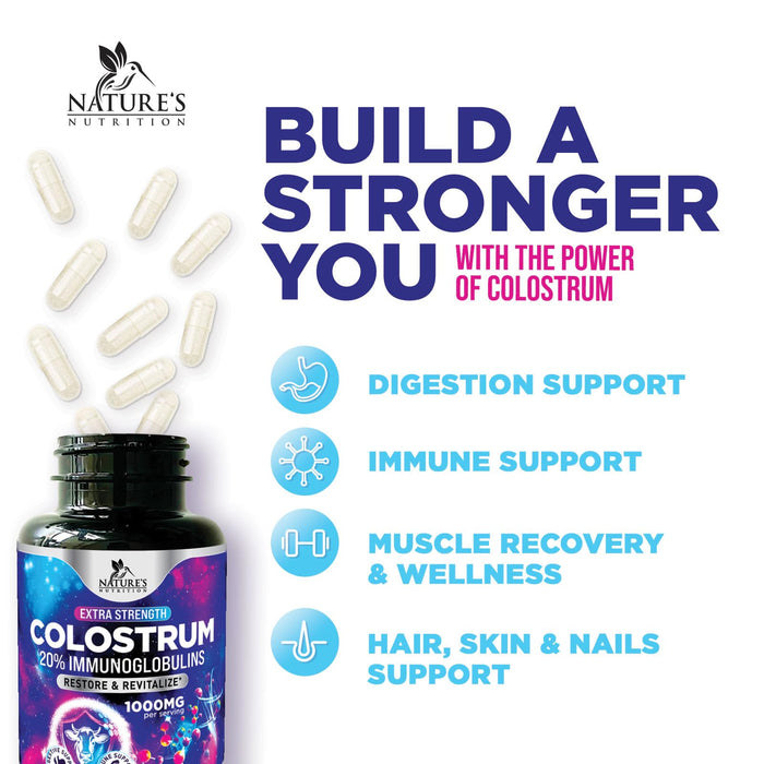 Colostrum For Women Supplement 1000mg 20% Immunoglobulins for Muscle, Skin & Hair Support - Gut Health Digestive & Immune Support - Bovine Colostrum Powder - Gluten Free & Unflavored - 120 Capsules