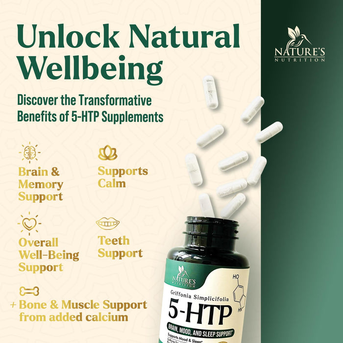 5 HTP 200mg Capsules Vegetarian Supplement - 5HTP Plus Calcium for Brain Support - Extra Strength Griffonia Simplicifolia 5-HTP Formula - 5 Hydroxytryptophan - Gluten Free & Non-GMO - 120 Capsules