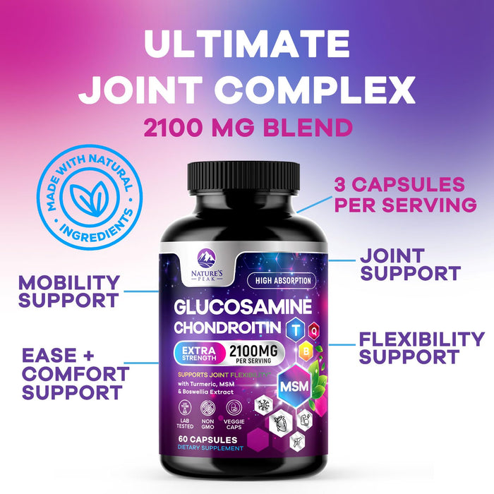 Glucosamine Chondroitin MSM Joint Supplement 2100mg - with Glucosamine Sulfate, Turmeric, Boswellia, Quercetin & Bromelain – Nature's Extra Strength Flexibility, Mobility & Joint Support, 60 Capsules