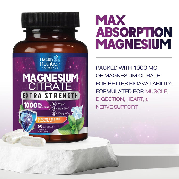 Magnesium Citrate Capsules 1000mg - Max Absorption Magnesium Powder for Muscle, Nerve, Bone and Heart Health Support, High Absorption Citrate Complex, Gluten Free, Non-GMO - 60 Capsules