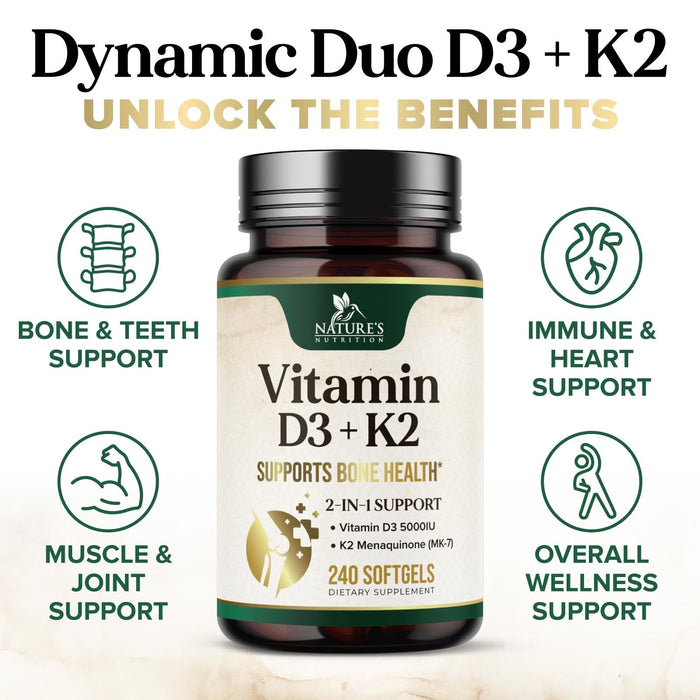 Vitamin D3 K2 5000 IU Plus with K2 (MK-7) 100 mcg - Vitamins D & K Complex Supplement for Bone, Teeth, Muscle, Calcium Absorption, Supports Immune & Heart Health, Non-GMO, Oil Formula - 120 Softgels