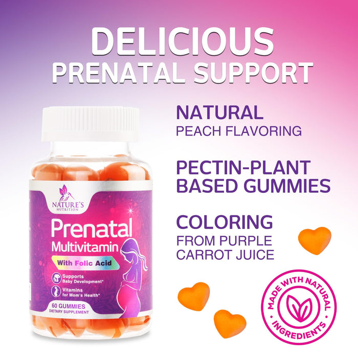 Prenatal Vitamins for Women Gummies, Folic Acid 1335mcg Pregnancy Vitamins for Fetal Support, Vitamin A, C, D3, B12, B6 & Folate, Prenatal Multivitamin Gummy for Pregnant & Nursing Women - 60 Gummies
