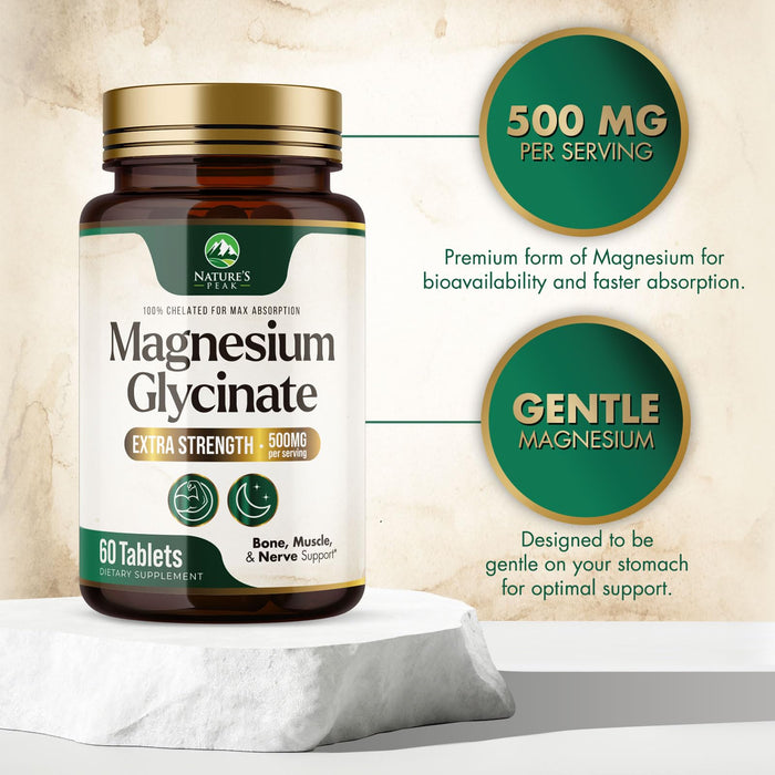 Magnesium Glycinate 500mg - Chelated for Ultra Absorption - Supports Bone, Muscle, Nerves & Heart Health, Nature's Sleep Support, Best Magnesium Supplement Pills for Whole Body Support - 60 Tablets