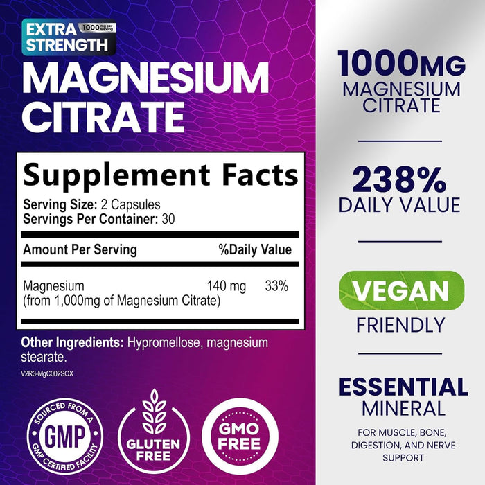 Magnesium Citrate Supplement 1000 mg for Best Absorption, Supports Bone, Heart Health, Nerves, Muscles, Metabolism & Calm, Nature's Pure Magnesio Vitamin Pills, Bottled in USA - 60 Capsules