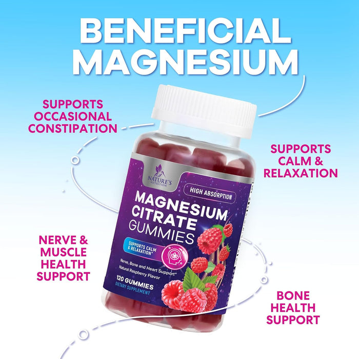 Magnesium Gummies Supplement - High Absorption Magnesium Citrate Supplement for Adults & Kids - Nature's Calm Magnesio Gummy Dietary Supplements for Bone, Muscle Health, Heart Support - 120 Gummies