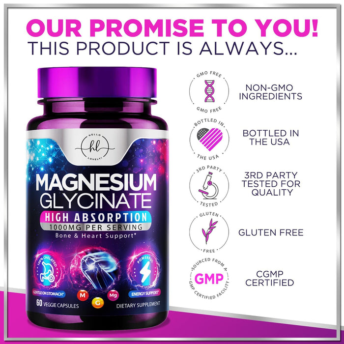 Magnesium Glycinate 1000mg | High Absorption | Chelated to Support Bone, Muscle, Nerves & Heart Health | Natural Sleep & Stress Support Women & Men | Vegan, Gluten & Soy Free, Non-GMO | 60 Capsules