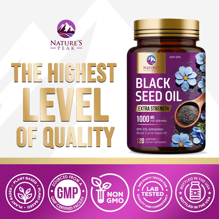 Black Seed Oil 1000mg - Premium Extra Strength Nigella Sativa Blackseed Oil - Black Seed Oil Skin, Digestive Health & Immune Support - Non-GMO Antioxidant, Gluten Free Supplement - 120 Softgels