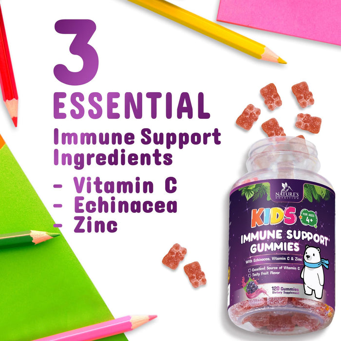 Kids Immune Support Gummies - Vitamin C, Zinc & Echinacea, Children's Daily Immune Health Support Gummy for Ages 4 and Up, Nature's Vitamins for Kids, Vegan & Non-GMO, Berry Flavor - 120 Gummies