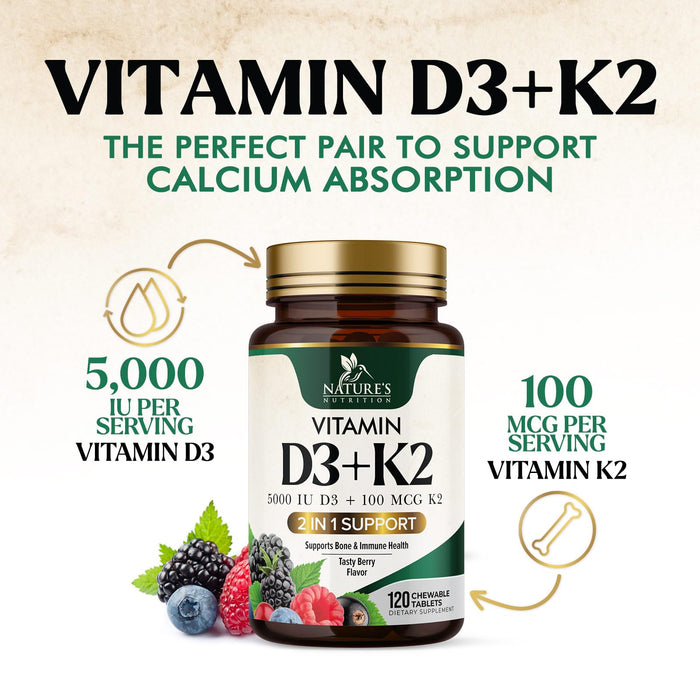 Vitamin D3 K2 Supplement | 5000 IU D3 + K2 100 mcg | MK-7 K2 with Vitamin D | Supports Immune, Heart, Teeth & Bone Health - Nature's Easy to Chew, VIT D3 K2, Non-GMO, Tasty Berry Flavor - 120 Tablets
