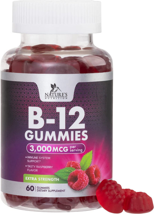B12 Gummies for Adults, Extra Strength Energy 3000 mcg - B-12 Energy Metabolism & Immune System Support - Chewable Dietary Supplement for Adults & Kids Caffeine Free Gummy Vitamin - 60 Gummies