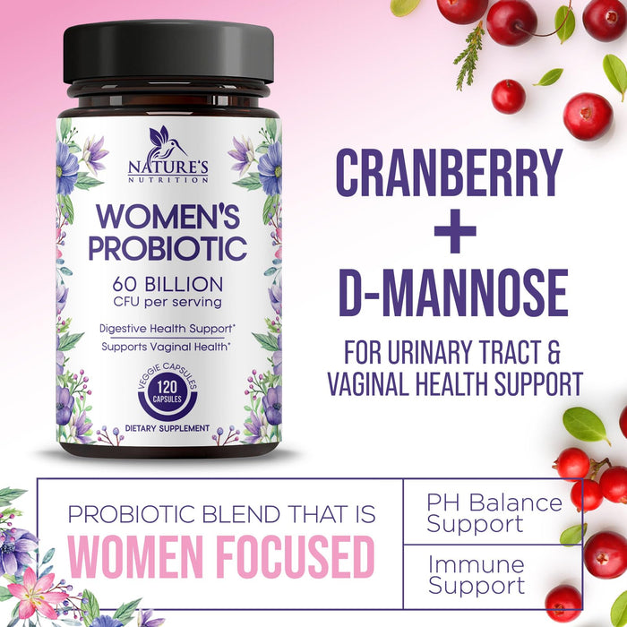 Probiotics for Women 60 Billion CFU - 16 Strains, Digestive Health, Vaginal pH & Immune Support, Prebiotics & Cranberry, Gut Health & Urinary Support, Shelf Stable Women's Probiotic - 120 Capsules