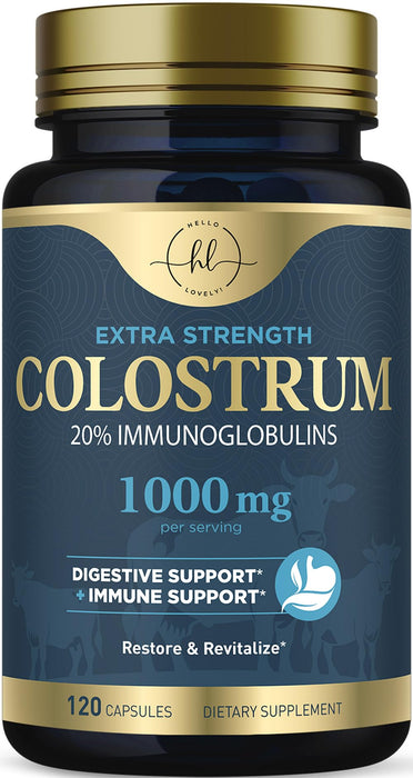 Colostrum 1000mg 20% IgG Immunoglobulins - Gut Health, Digestion & Immune Support, Bovine Colostrum Powder for Women, Muscle, Skin & Hair Growth Support, Bottled in the USA, Gluten Free - 120 Capsules