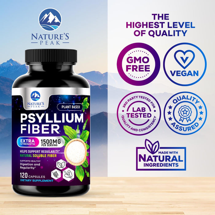 Psyllium Husk Fiber Supplement 1500mg - Vegan Prebiotic, Soluble Fiber for Daily Digestive Health & Regularity Support, Natural Psyllium Powder Caps, Sugar-Free, Non-GMO & Gluten-Free - 120 Capsules