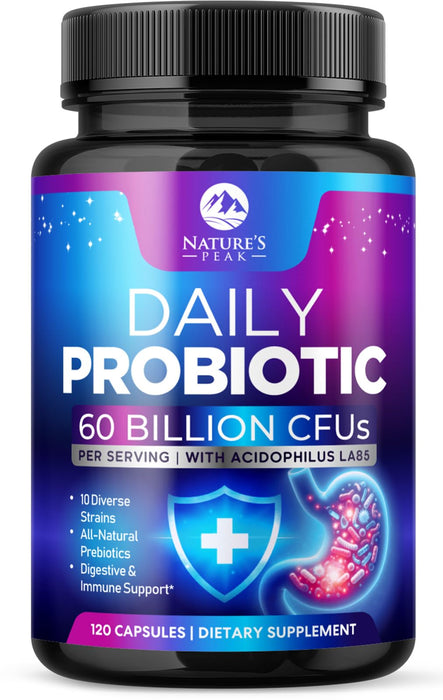 Probiotics 60 Billion CFU - 10 Strains + Digestive Enzymes & Prebiotics - Best Probiotic for Women & Men, Supports Immune, Gut Health, Occasional Constipation, Diarrhea, Gas & Bloating - 120 Capsules
